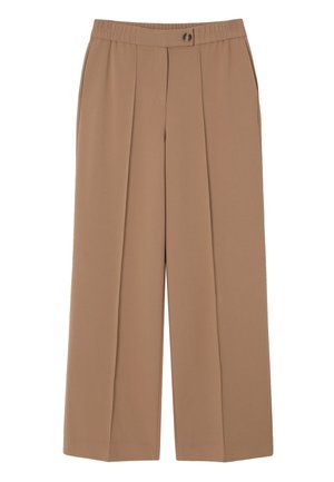 Šviesiai rudos spalvos laisvo modelio kelnės, su priekine siūle, sagų užsegimu ir elastine juosmens dalimi. Lygios audinio tekstūros.