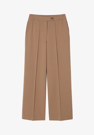 Gaiši brūnas bikses ar vaļēju piegriezumu, priekšā krokas, pogu aizdare un elastīga josta. Gluda auduma tekstūra.