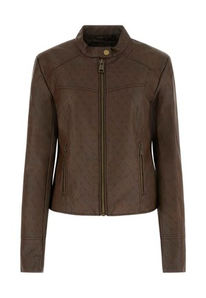 Bruine nep leren jas met opstaande kraag, ritssluiting aan de voorkant, drukknopen en ritssluitingen aan de zijkanten, voorzien van een subtiel reliëfpatroon.