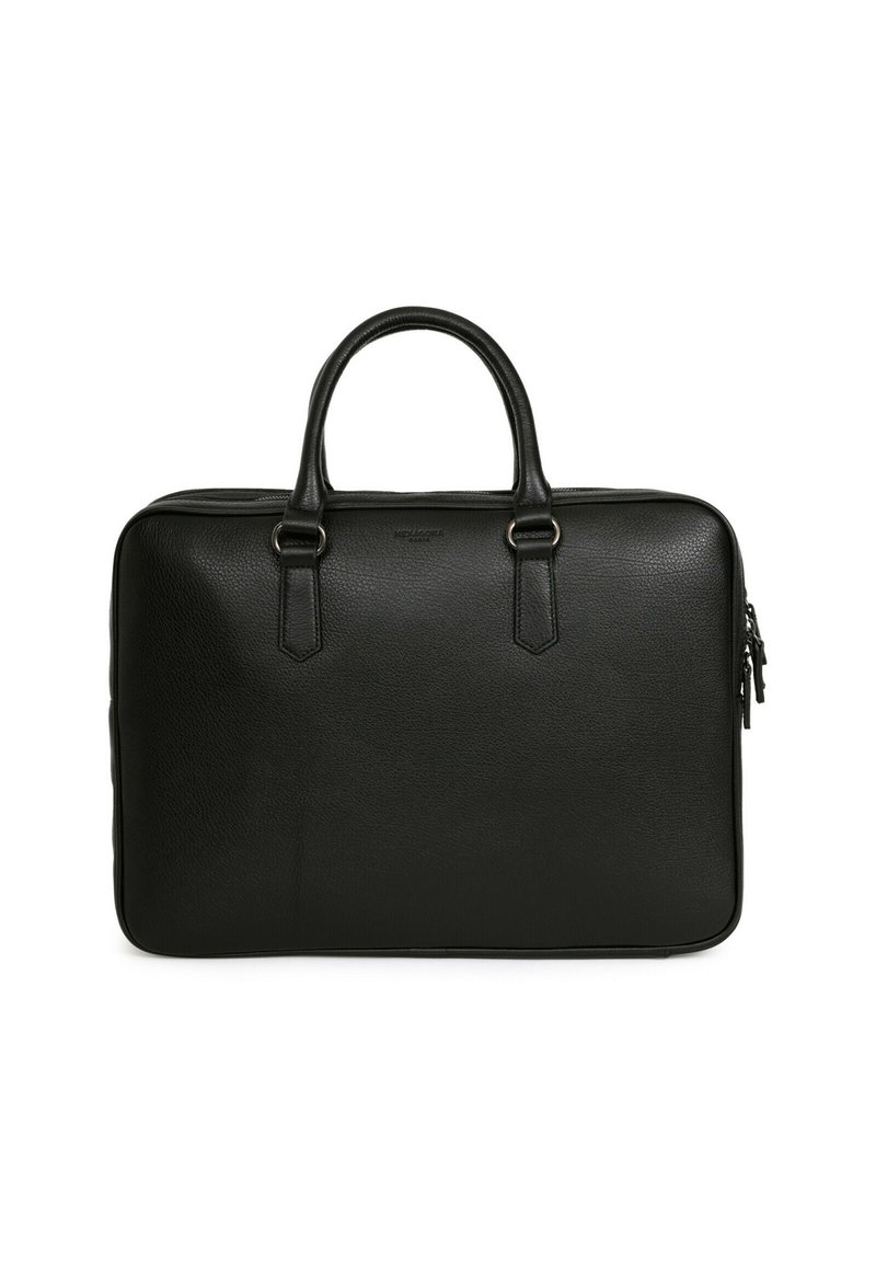 Borsa da lavoro in pelle nera con finitura testurizzata, dotata di doppio manico superiore, chiusura con zip e design minimalista. Senza logo o accenti visibili.