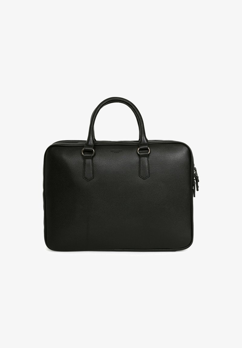 Black leather briefcase with a textured finish, featuring dual top handles, a zip closure, and minimalist design. No visible logo or accents.