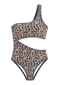 Vieno peties leopardo rašto maudymosi kostiumėlis, pasižymintis aukštu pjūviu, juodomis detalėmis ir firminiu elastiniu užsegimu. Pagamintas iš lygaus, tamprumo turinčio audinio.
