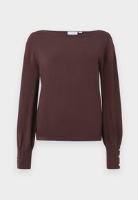 Brązowy sweter z długim rękawem, o szerokim dekolcie i bufiastych rękawach. Sznury ściągające wykończone są trzema dekoracyjnymi guzikami dla dodatkowego akcentu.