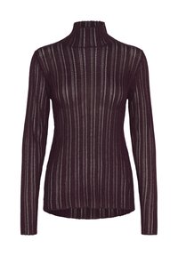 Bordo turtlenecks džemperis ar garām piedurknēm, ar vertikālām svītrām un atvērtu austu tekstūru, radot vieglu izskatu.