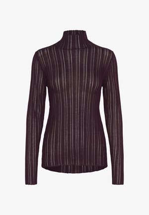 Bordo pulover s rolom dugih rukava, s vertikalnim prugama i prozirnom pleteninom koja stvara lagani izgled.