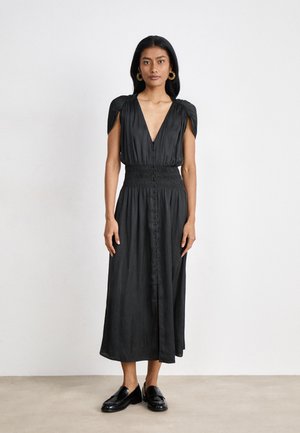 Black maxi dress with a deep V-neck, puffed sleeves, elastic waistband, and front button closure. Smooth fabric and ankle-length design.