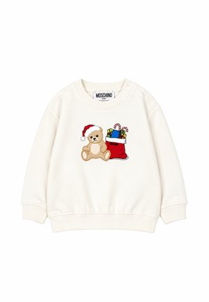 Roomkleurige babysweatshirt met een teddybeer die een kerstmannenpet draagt en een rode kerstsok gevuld met zuurstokjes en cadeautjes op de voorkant.