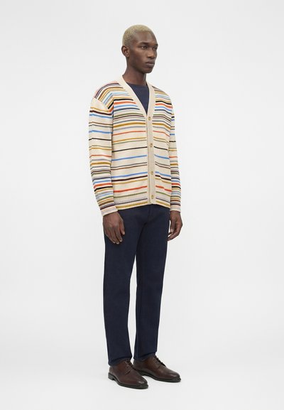 Άνδρας με κοντά ξανθά μαλλιά, ντυμένος με πολύχρωμο ριγέ ζακέτα, ναυτικό μπλε παντελόνι και καφέ δερμάτινα παπούτσια, στέκεται μπροστά σε λευκό φόντο.