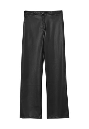 Pantaloni dritti neri in ecopelle con chiusura a bottone e zip, passanti per cintura e tasche laterali.