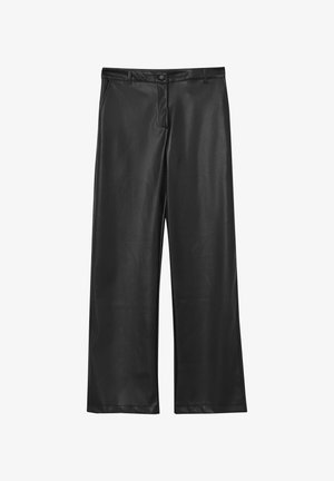 Schwarze Faux-Leder-Hose mit geradem Bein, Knopf- und Reißverschluss, Gürtelschlaufen und Seitentaschen.