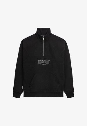 Zwarte half-zip pullover sweatshirt gemaakt van een katoenmix, met een kangoeroezak, geribde manchetten en geborduurd "UNFAIR ATHLETICS" logo.