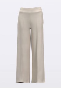 Pantaloni a gamba larga in colore beige chiaro. Realizzati in tessuto morbido con una texture liscia, presentano una vita alta elastica e dettagli cuciti.