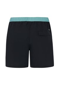 Zwarte zwembroek met een elastische, tealkleurige tailleband. Achterzak met klepsluiting. Glad, lichtgewicht materiaal, geschikt voor wateractiviteiten.