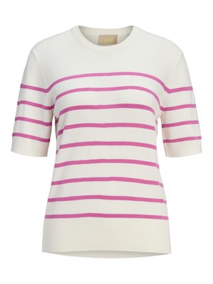 Haut tricoté à manches courtes crème avec des rayures horizontales roses et des bordures côtelées aux manches et à l'ourlet.