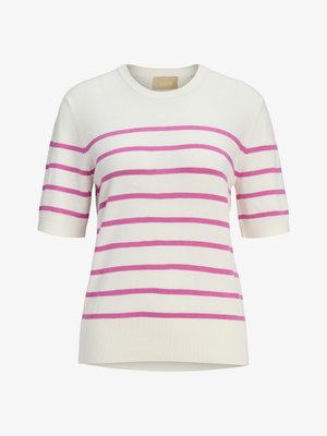 Haut tricoté à manches courtes crème avec des rayures horizontales roses et des bordures côtelées aux manches et à l'ourlet.