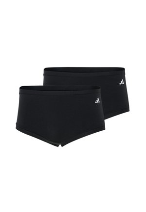 Twee zwarte Adidas zwemslips met wit logo aan de linkerkant, afgebeeld tegen een witte achtergrond.