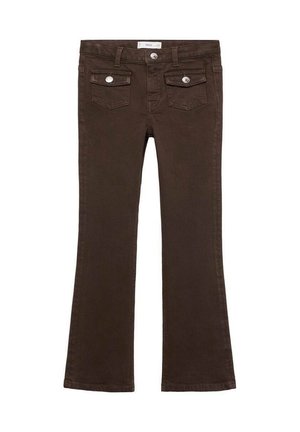 Pantalon marron évasé avec poches à rabat avant et boutons argentés, doté de passants pour ceinture et d'une fermeture à bouton sur le devant.
