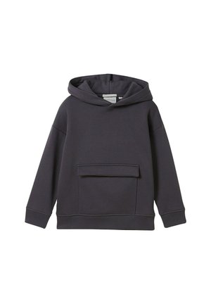 Donkergrijze hoodie gemaakt van zacht stof, met een voorkant zak, verlaagde schouders en ribgebreide boorden. Eenvoudig, minimalistisch ontwerp.