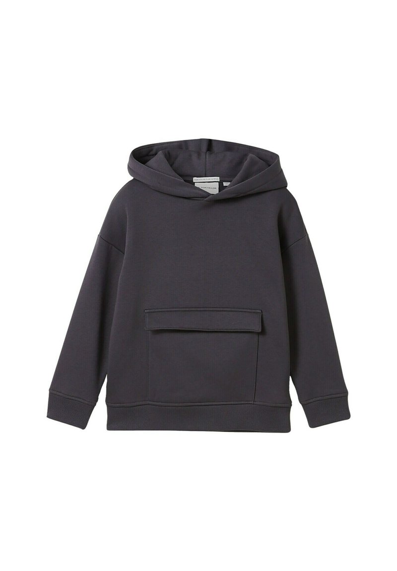 Felpa con cappuccio grigio scuro realizzata in un tessuto morbido, con tasca frontale, spalle scese e polsini a coste. Design semplice e minimalista.