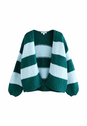Knitted cardigan with a loose fit, featuring alternating dark green and light blue horizontal stripes and wide, puffed sleeves.
