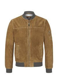 Brown suede bomber jacket with a front zipper, ribbed gray collar, two side pockets, and a zippered sleeve pocket. Smooth texture throughout.