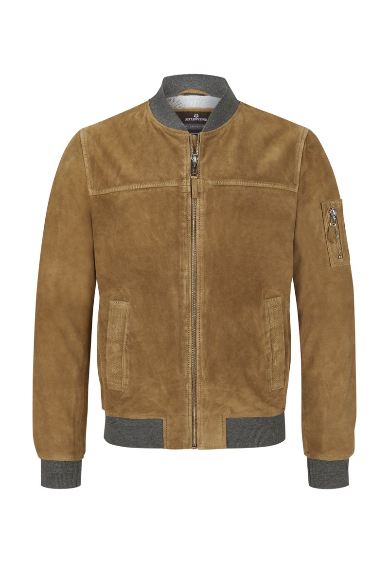 Brown suede bomber jacket with a front zipper, ribbed gray collar, two side pockets, and a zippered sleeve pocket. Smooth texture throughout.