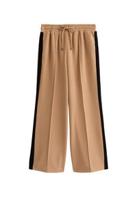 Pantaloni beige a gamba larga con strisce nere ai lati, vita elastica e lacci frontali su uno sfondo bianco.