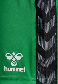 Groene sportshorts van stof, met een zwart zijpaneel met een pijlvormig patroon en een wit "hummel" logo linksonder.