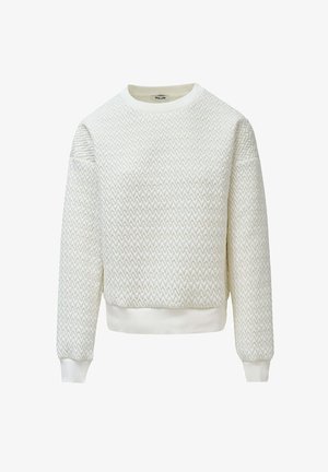 Texturiertes weißes Sweatshirt mit Zickzackmuster, Rundhalsausschnitt und gerippten Bündchen und Saum. Hergestellt aus weichem, atmungsaktivem Material.