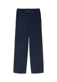 Marineblaue Hosen mit geradem Bein, ausgestattet mit zwei vorderen Taschen, einem Doppelknopfverschluss und einem glatten, strukturierten Stoff.