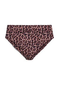 Bikini donji dio visokog struka s uzorkom leoparda u nijansama ružičaste i crne. Izrađen od glatkog, rastezljivog materijala s ušivenim rubovima.
