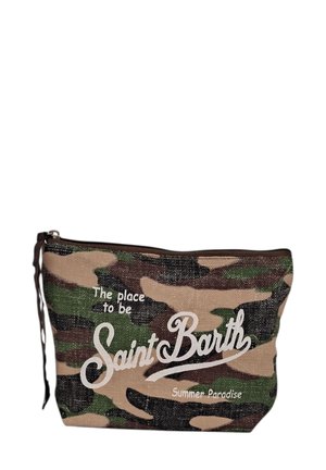Pouch cosmetico in tessuto con motivo camouflage, dotato di chiusura a zip. Presenta una scritta bianca che recita "Saint Barth Summer Paradise."