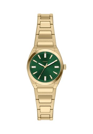 Gold metal wristwatch with green dial, gold hour markers, and three hands showing time at 10:10:37.
