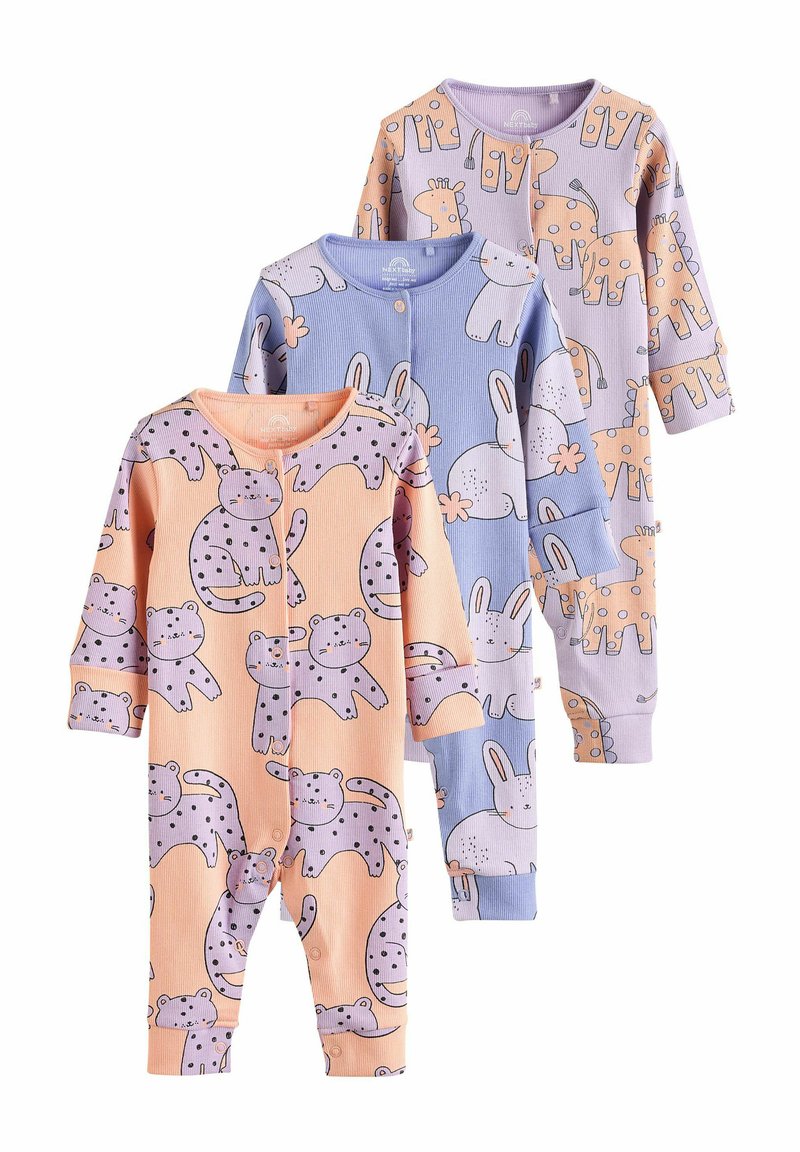 Tre langærmede bodystockings i ribbet stof: ferskenfarvet med plettede katte, blå med kaniner og lavendel med giraffer, med trykknaplukninger.