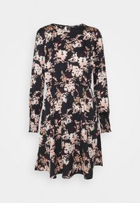 Floral dress with long sleeves, black background, and pink and beige flower patterns. Features a fitted waist and flared skirt.