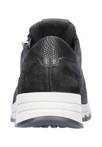 Black sneaker featuring a suede upper with a textured faux snakeskin heel, a white midsole, and a rubber outsole with traction grooves.