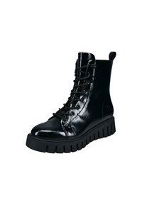 Schwarze Lackleder-Ankle Boots mit einer dicken, strukturierten Sohle, ausgestattet mit einer Schnürung vorne und einer Zuglasche an der Ferse für einfaches Anziehen.