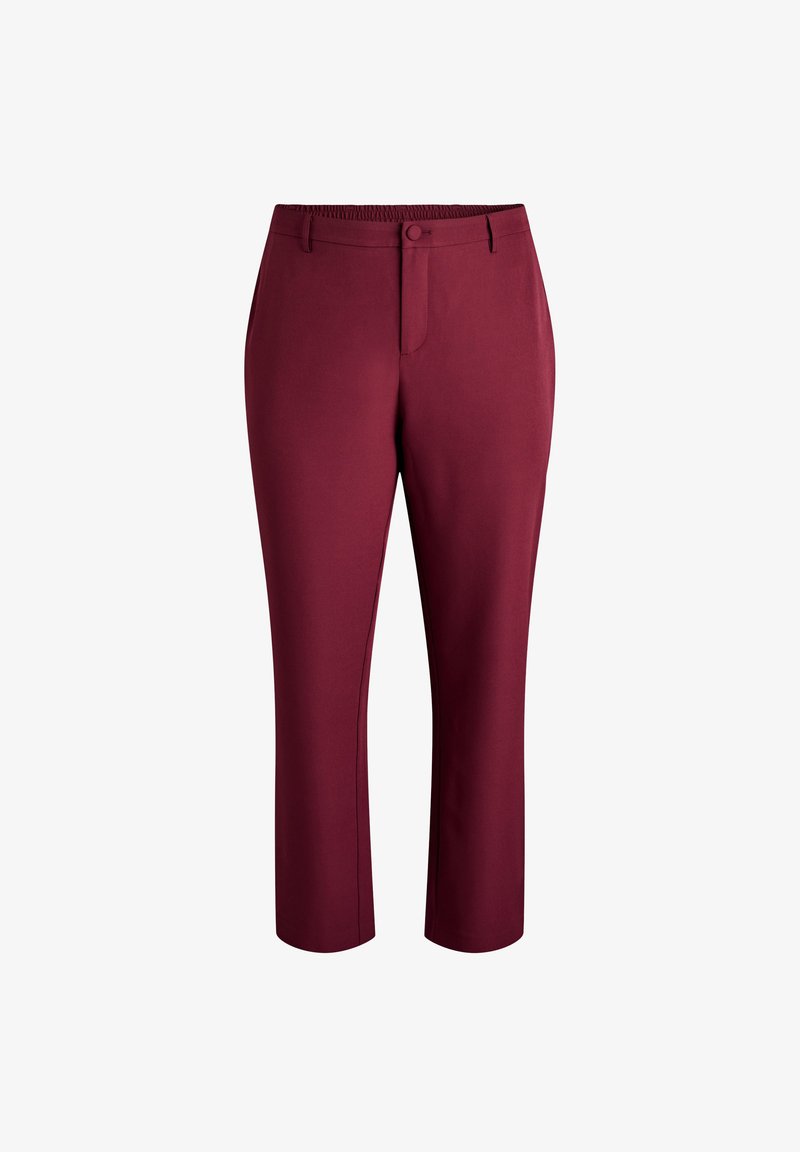Burgundy, tailored pants with an elastic waistband, front button closure, and smooth texture. Features a straight leg design.