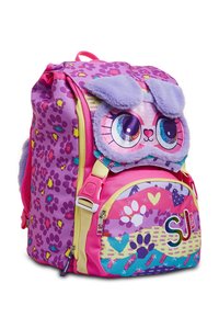 Zaino viola e rosa con un design di gatto, caratterizzato da orecchie morbide, motivi audaci e molteplici scomparti con zip.