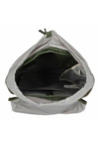 Gray and green backpack with a wide opening. Interior features a dark gray fabric lining, pockets, and a zipper compartment. Waterproof material.