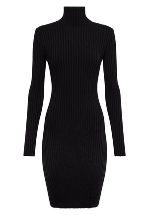 Schwarzes geripptes Strickkleid mit hohem Kragen und langen Ärmeln, das eine taillierte Silhouette und einen strukturierten Stoff aufweist. Keine Muster oder Akzente.