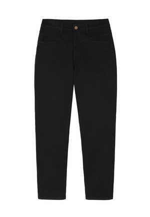Černé denimové džíny se slim fit střihem, klasickým pětivreckovým designem a kovovým knoflíkem na pase. Šitá akcenty na kapsách.