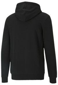 Hoodie noir, en mélange de coton, à manches longues, avec poche kangourou à l'avant, bords ribbés et ourlet, doté d'une capuche avec cordon de serrage, texture lisse, design minimaliste.