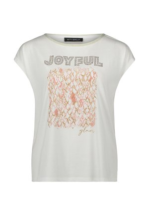 T-shirt en coton blanc à manches courtes, doté de "JOYFUL" en pierres noires et d'un motif géométrique accentué de rose et d'or. Col rond.