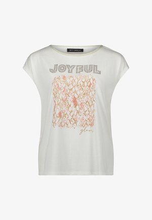 Witte katoenen T-shirt met korte mouwen, voorzien van "JOYFUL" in zwarte stenen en een geometrisch ontwerp met roze en gouden accenten. Ronde halslijn.
