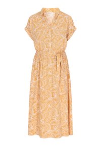 Abito midi giallo con motivo paisley, maniche corte, chiusura con bottoni, cintura in vita e vestibilità comoda. Realizzato in tessuto leggero.