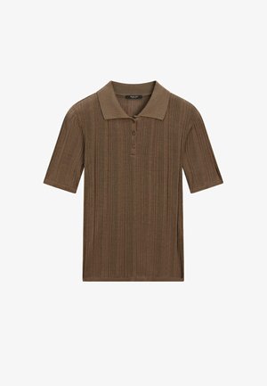 Braunes, geripptes Polohemd mit kurzen Ärmeln, drei-Knopf-Leiste und klassischem Kragen. Weiches Material mit vertikalen Streifen.