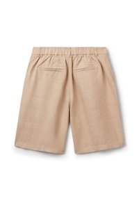 Pantaloni corti beige con un sottile motivo a quadretti, dotati di una cintura elastica e due tasche posteriori. Il tessuto sembra leggero e strutturato.