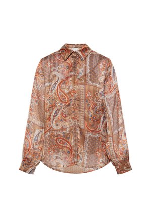 Blusa de manga larga en tejido ligero y translúcido con un estampado de paisley en tonos terrenales, con botones y un cuello doblado.