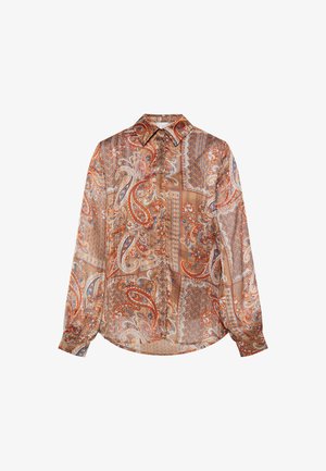 Ilgi piedurkņu blūze no viegla, caurspīdīga auduma, ar paisley rakstu zemes toņos, aprīkota ar pogām un salocītu apkakli.